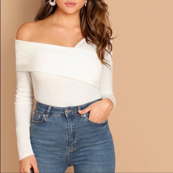 Ribbed off the shoulder folded top white - Picture 2 of 3